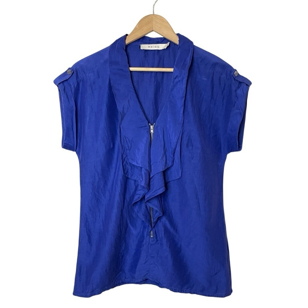 REISS Ruffled V-Neck Zipper Front Short-Sleeve Blouse Violet Blue, Size 6